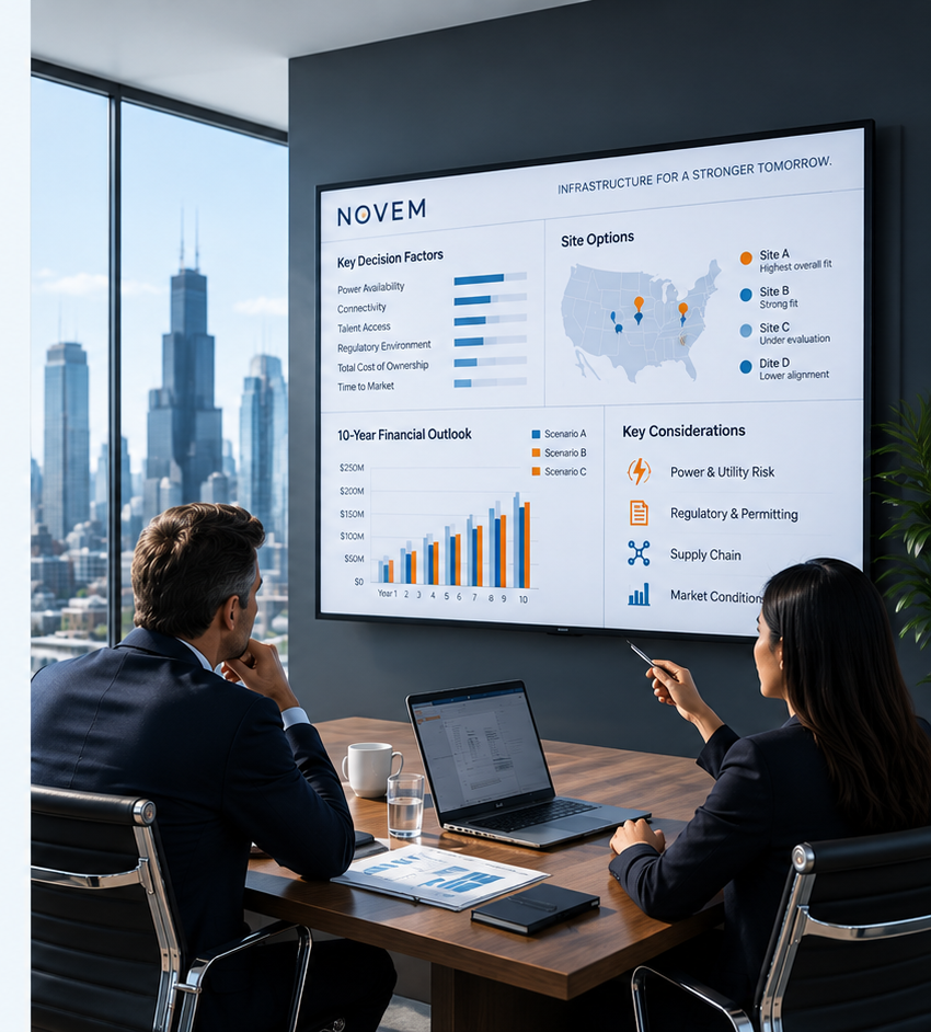 Two senior advisors evaluate decision drivers, site options, financial impact, and key risks on a large analytical display beside a Chicago skyline window