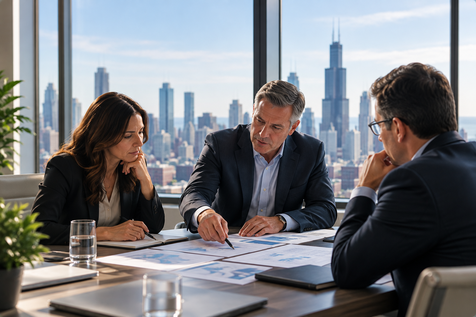 Three executives reviewing printed infrastructure analytics in a boardroom with the Chicago skyline visible through the windows