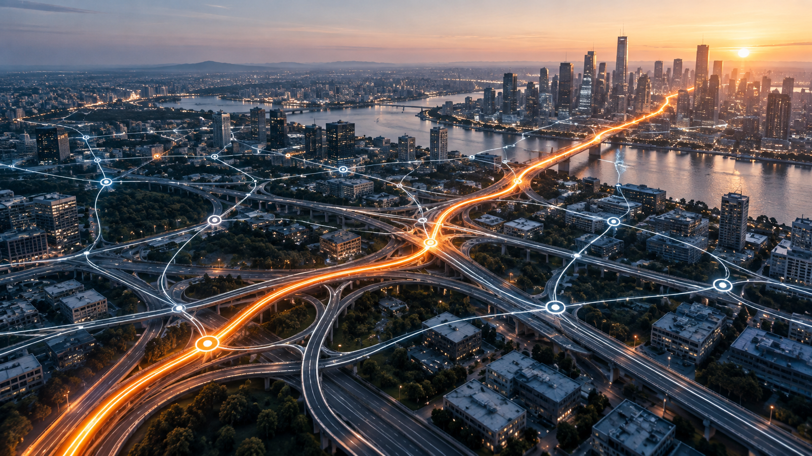 An aerial view of a city skyline and highway interchange at dusk, overlaid with a glowing network of connected nodes and light trails